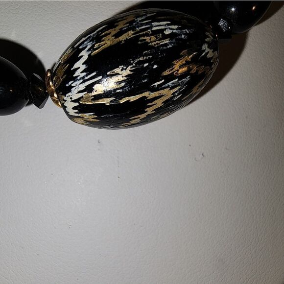 HOBE BLACK GOLD SILVER STREAKED BEAD BARREL SHAPE NECKLACE 14"+3" VTG - Picture 2 of 8